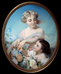 Allegorie van de zomer Een moeder en haar kleindochter met boeketten bloemen