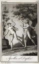 Apollo en Daphne. De nimf Daphne verandert in een laurier om aan Apollo te ontsnappen. Gravure uit 1819 in "Lettres à Emilie sur la mythologie" door Charles Albert Demoustier (1760-1801). Privécollectie.