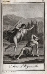 Apollo en Hyacinthos (Dood van Hyacinthe) Gravure uit 1819 in "Lettres à Emilie sur la mythologie" door Charles Albert Demoustier (1760-1801). Privécollectie.