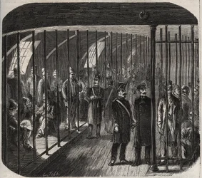 Aankomst van de troepen aan boord tijdens het konvooi van Toulon naar Cayenne (Guyana) volgens het decreet van 8 december 1851. Gravure in “Histoire des bagnes depuis leur création à nos jours” (1877)