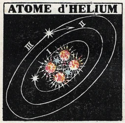Atoom en Wetenschap: Helium Atoom. Anonieme illustratie uit 1925. Privécollectie.