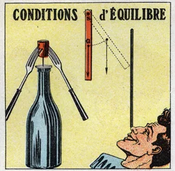 Balans van vaste stoffen: evenwichtsvoorwaarden. Ervaring met een fles, een stop en twee vorken. Anonieme illustratie uit 1925. Privécollectie.