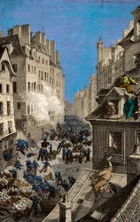 Slag bij de barricade van de Rue Saint Antoine in 1830. Gravure. Privécollectie