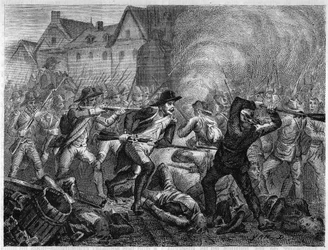 Slag bij Le Mans in 1793 tijdens de Vendée-oorlog. Gravure uit 1866 in “Histoire de la Révolution française” door Adolphe Thiers. Privécollectie.