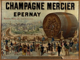 Grote vat champagne tentoongesteld op de Expo Universelle van 1889 - Reclameposter voor Mercier champagne, eind 19e eeuw
