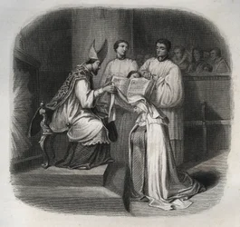 De zalige Maria van de Menswording (Barbe Jeanne Avrillot) (1566-1618), Franse mystica, ontvangt in 1614 de karmelietessensluier. Gravure uit 1846 in "Levens van de heiligen". Privécollectie.