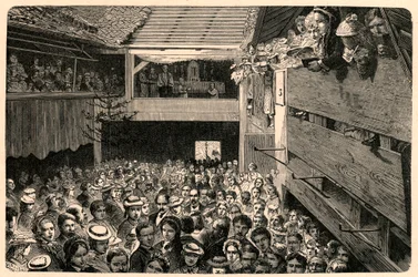 Viering van de katholieke eredienst in Porrentruy, Zwitserland in 1874, naar een foto. Gravure in Les Missions Catholiques au XIXe Siècle door Louis-Eugene Louvet. Privécollectie.