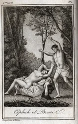 Cephale en Procris (Cephalus) liefdespaar. Gravure uit 1819 in 