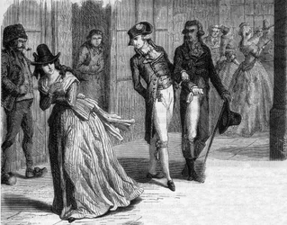Charlotte Corday bij de messenmaker Badin, onder de arcades van het Palais-Royal in 1793 - Gravure in 