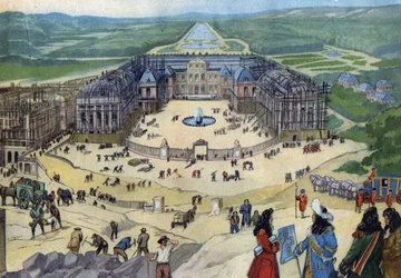 Bouw van het kasteel van Versailles in 1678 volgens de plannen van Jules Hardouin Mansart op de voorgrond koning Lodewijk XIV.