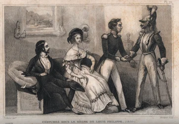 Kostuums onder het bewind van Lodewijk Filips (1839). Gravure uit 1859 in Le Monde. Geschiedenis van alle volkeren vanaf de vroegste tijden tot heden. door M. E. de Lostalot-Bachoue. Privécollectie.