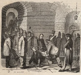 Koppeling in de Rochefort Bagne in de 19e eeuw. Gravure in Histoire des bagnes depuis leur création à nos jours (1877) door Pierre Zaccone. Privécollectie.