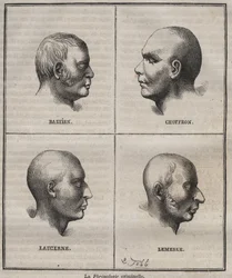 Criminele frenologie in de Brest Bagne (portretten die de fysiognomische kenmerken van verschillende soorten criminelen weergeven). Gravure in Histoire des bagnes depuis leur création à nos jours (1877) door Pierre Zaccone.