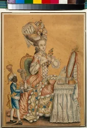 Dame aan haar toilettafel met een zwarte jongen die haar bedient - Anoniem, Aquarel op papier circa 1770 - Staats Tretyakov Galerij, Moskou