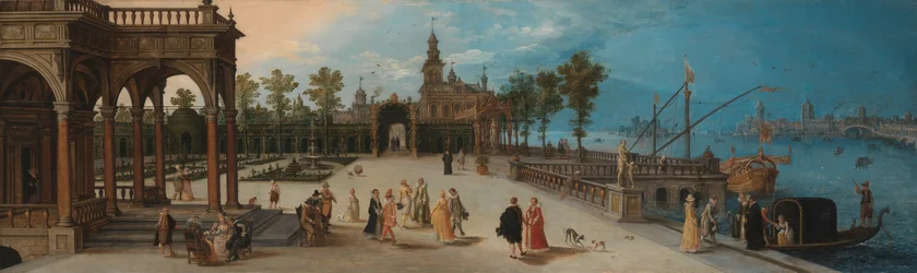 Dansfeest op het voorplein van een denkbeeldig paleis met een Capriccio-uitzicht op Venetië in de verte