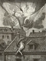 Dramatische dood van Madame Sophie Blanchard (1778-1819), luchtvaartster op 6 juli 1819 boven de tuinen van Tivoli in Parijs, Gravure, Privécollectie