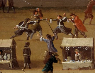 Duel scène op de Pont Neuf in Parijs in de 17e eeuw (detail)