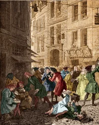 Economisch systeem: de speculatieve bubbel ten tijde van het systeem van de wet, de agiotors van de rue Quincampoix - Parijs IVe ardt. Quincampoixstraat was ten tijde van het systeem van John Law (1671 - 1729)