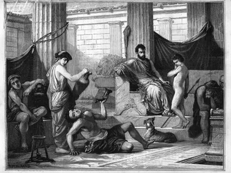 Onderwijs in Sparta in het oude Griekenland: een dronken slaaf wordt aan een jonge jongen voorgesteld om hem de gevaren van alcohol te laten zien. Gravure uit 1880 in "La republique illustree" privécollectie.