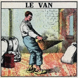 Elektrische gereedschappen: de mand of rieten mand gebruikt om graan te vegen voor de uitvinding van elektrische machines. Anonieme illustratie uit 1925. Privécollectie.