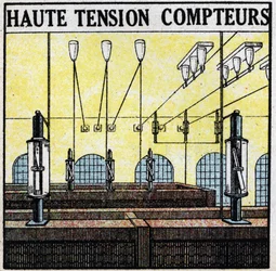 Elektrische lijnen: hoogspanningsmeters. Anonieme illustratie uit 1925. Privécollectie.