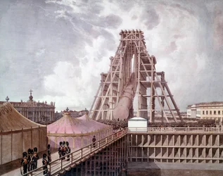 Oprichting van de zuil van Alexander I op het Paleisplein (Sint-Petersburg). Schilderij van de Russische school