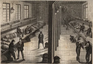 Ontsnapping van drie veroordeelden in de kamer Saint Gilles van de bagne de Rochefort op 28 december 1840. Gravure in 