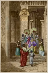Euclides presenteert aan Ptolemaeus Soter zijn werk over de elementen van geometrie - gravure in 