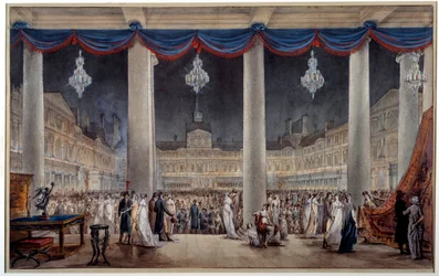 Tentoonstelling van industriële producten op de binnenplaats van het Louvre in 1801