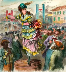 Feminisme: Toespraak voor vrouwenemancipatie in de Verenigde Staten. Een jonge vrouw die op een vat staat, eist vrouwenrechten. Gravure uit de 19e eeuw. Privécollectie