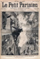 Brandweerman van Parijs: reddingsscène tijdens de brand van Boulevard Saint-Martin. Gravure in “Le petit Parisien” uit 1891. Privécollectie