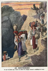 Eerste Balkanoorlog: Montenegrijnse vrouwen steken te voet de bergen over om de wapenvoorziening te verzekeren. Illustratie uit 