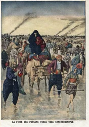 Eerste Balkanoorlog: de vlucht van Turkse boeren naar Constantinopel. Illustratie uit 