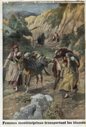 Eerste Wereldoorlog 1914-1918: vrouwen van Montenegro dragen gewonde mannen in oorlog op de rug van muilezels of op hun eigen schouders. Gravure in 
