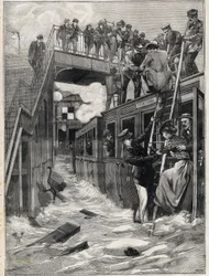 Overstroming van het Gare de la Chapelle op de lijn van de kleine ring in Parijs. Gravure. In 