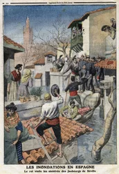 Overstromingen in Spanje: Koning Alfonso XIII (1886-1941) bezoekt de sinistere buitenwijken van Sevilla. Gravure in Le Petite Journal, op 25/02/1912. Privécollectie.