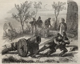Forcats houthakkers in de Toulon Bagne in de 19e eeuw. Gravure in 