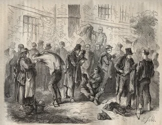 Gevangenen verkopen hun bezittingen voordat ze de Toulon Bagne binnengaan in de 19e eeuw. Gravure in Histoire des bagnes depuis leur création à nos jours (1877) door Pierre Zaccone. Privécollectie.