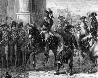 François Hanriot (1761-1794), Franse revolutionair bij de deur van de conventie (9 thermidor 1794) (gravure in 