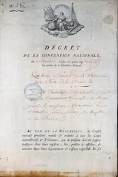 Franse Revolutie: decreet van de Conventie van 11/12/1792 waarin de Nationale Garde wordt opgedragen koning Lodewijk XVI vanuit de Templegevangenis naar de rechtbank te brengen. Parijs. Politieprefectuur