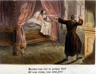 Galante scène: Monnik, in gezelschap van een naakte vrouw in bed, verrast door de komst van een persoon, probeert zich te verbergen. Kleuren gravure uit de 19e eeuw.