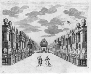 Illustratie voor Scene 4 van Act II van de opera in 5 bedrijven "Bellerofonte" door Francesco Sacrati. Decor door Jacopo Torelli