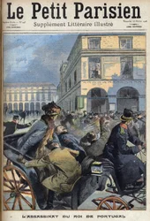 Koning Karel I van Portugal (1863-1908) en kroonprins Luís Filipe werden op 1 februari 1908 in Lissabon door republikeinen vermoord. Nummer van de krant „Le Petit Parisien“ van 16/02/1908. Privécollectie.