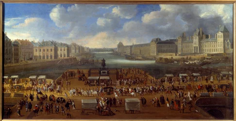 Le Pont Neuf gezien vanaf de ingang van Place Dauphine, passage van een stoet op de brug in 1669 (anoniem schilderij)