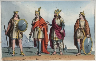 De Merovingen - Merovingische dynastie - Pharamond of Faramund - Chlodio (Clodius, Clodion, Cloio of Chlogio), Chlodio de Langharige (ca. 390-ca. 450) - Merovech (Mérovée of Merowig, ca. 412-457) en Clovis (ca. 466-511) - gravure uit ‘Usi e Costumi di’