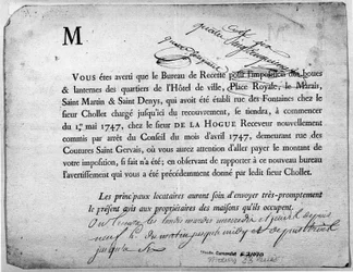 Brief van het Belastingkantoor betreffende de betaling van belastingen gedateerd april 1747
