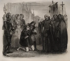 Lodewijk XI (1423-1483) vraagt om zijn genezing aan Francois de Paule (1416-1507) Gravure uit 1846 in “Lives of the saints”. Privécollectie.