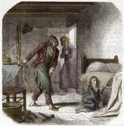 Lodewijk XVII (1785-1795) in de Tempel, met zijn cipier de schoenmaker Antoine Simon - Gravure in 