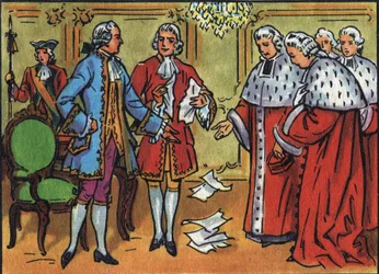 Lodewijk XV (1710-1774), koning van Frankrijk, breekt de uitspraken van het parlement. Anonieme illustratie in Collection des souverains et chefs d