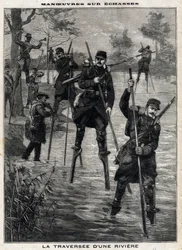 Manoeuvres op stelten: de oversteek van een rivier door het Franse leger naar Mont-de-Marsan, geleid door de Landes steltenlopers om een telegraaflijn te vestigen. Gravure. In "Le Petit Parisien", op 17/12/1899. Privécollectie.
